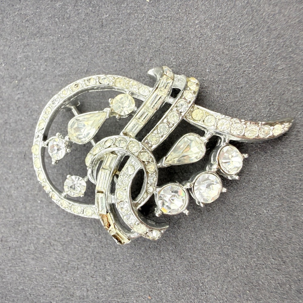 Vintage Rhinestone Swirl Brooch Baguette Pear Crystal Silver Tone Art Deco Pin